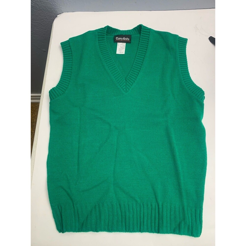 Vintage Curry Knits White Sweater Vest Knit Blend Sleeveless Size M Green New
